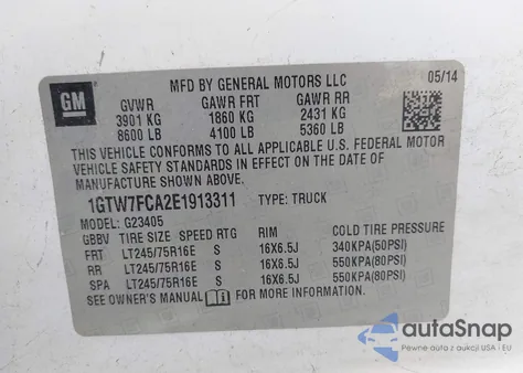 2014 GMC Savana 2500 Work Van из США, поврежденный, VIN 1GTW7FCA2E1913311